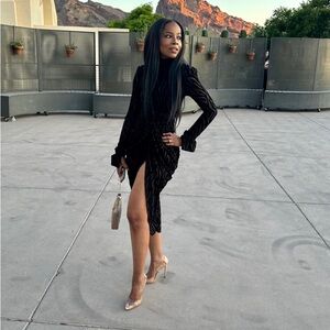 Black Zebra Devore High Neck Draped MIdi Dress